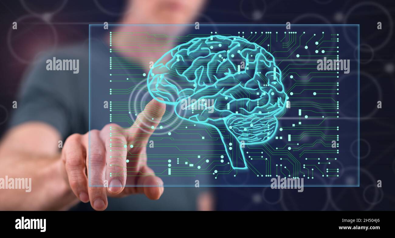 Man touching an artificial intelligence concept on a touch screen with ...