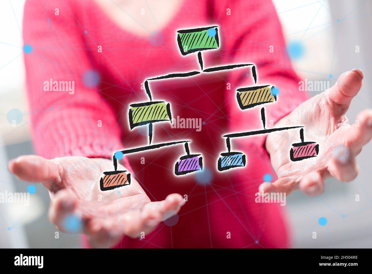 Organizational chart concept above the hands of a woman in background ...