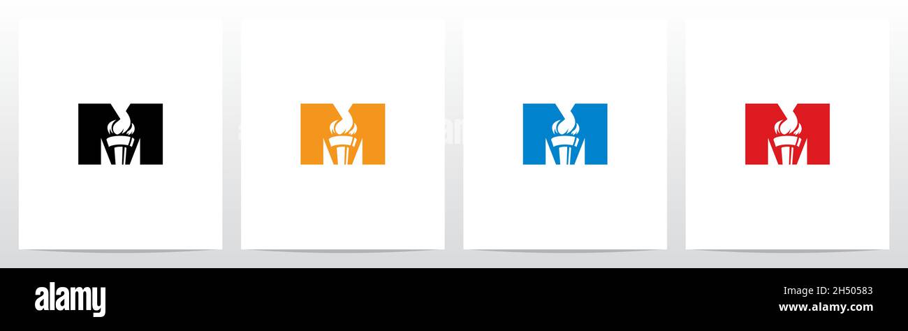 Fire Torch On Letter Logo Design M Stock Vector