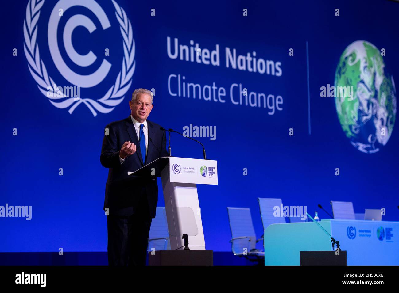 Glasgow, Scotland, UK. 5th Nov, 2021. PICTURED: Al Gore speaking at COP26 Climate Change Conference. Albert Arnold Gore Jr. is an American politician and environmentalist who served as the 45th vice president of the United States from 1993 to 2001 under president Bill Clinton. Gore was the Democratic nominee for the 2000 presidential election, losing to George W. Bush in a very close race after a Florida recount. Credit: Colin Fisher/Alamy Live News Stock Photo