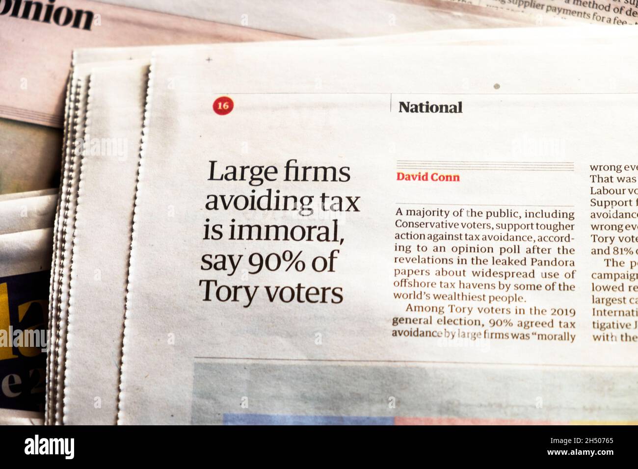 'Large firms avoiding tax is immoral say 90% of Tory voters'  tax avoidance newspaper headline article in Guardian on 21 October 2021 in London UK Stock Photo