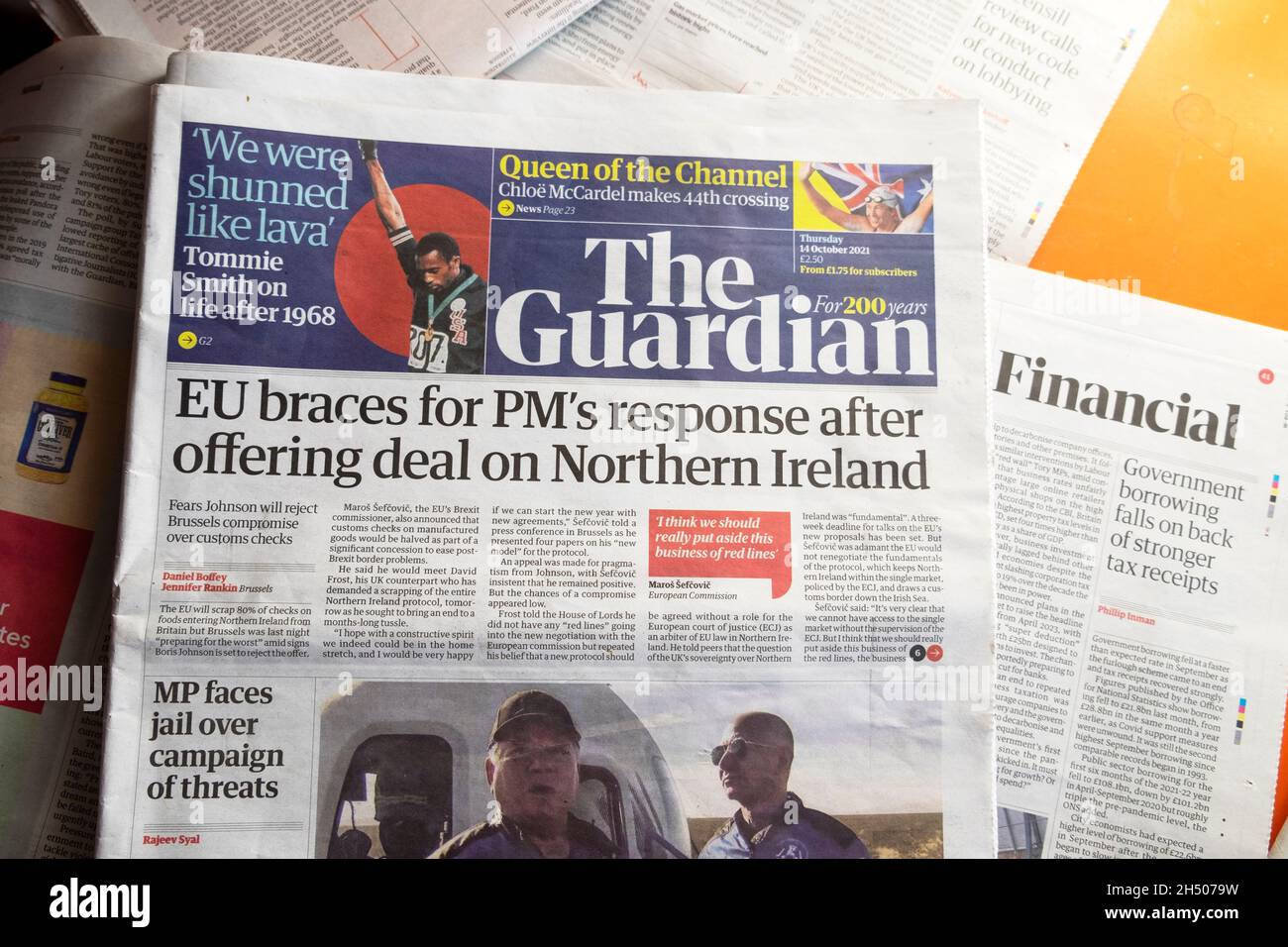 "EU braces for PM's response after offering deal on Northern Ireland" front page Guardian newspaper headline 14 October 2021 London UK Great Britain Stock Photo