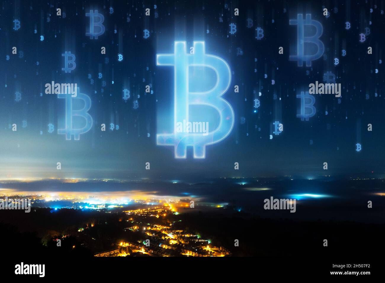 A cryptocurrency concept. Of the Bitcoin symbol With a science fiction  background. Floating above a city on a foggy night Stock Photo - Alamy