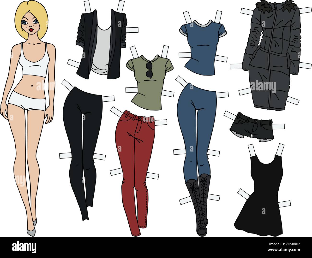 Blonde paper doll with cutout clothes Stock Vector