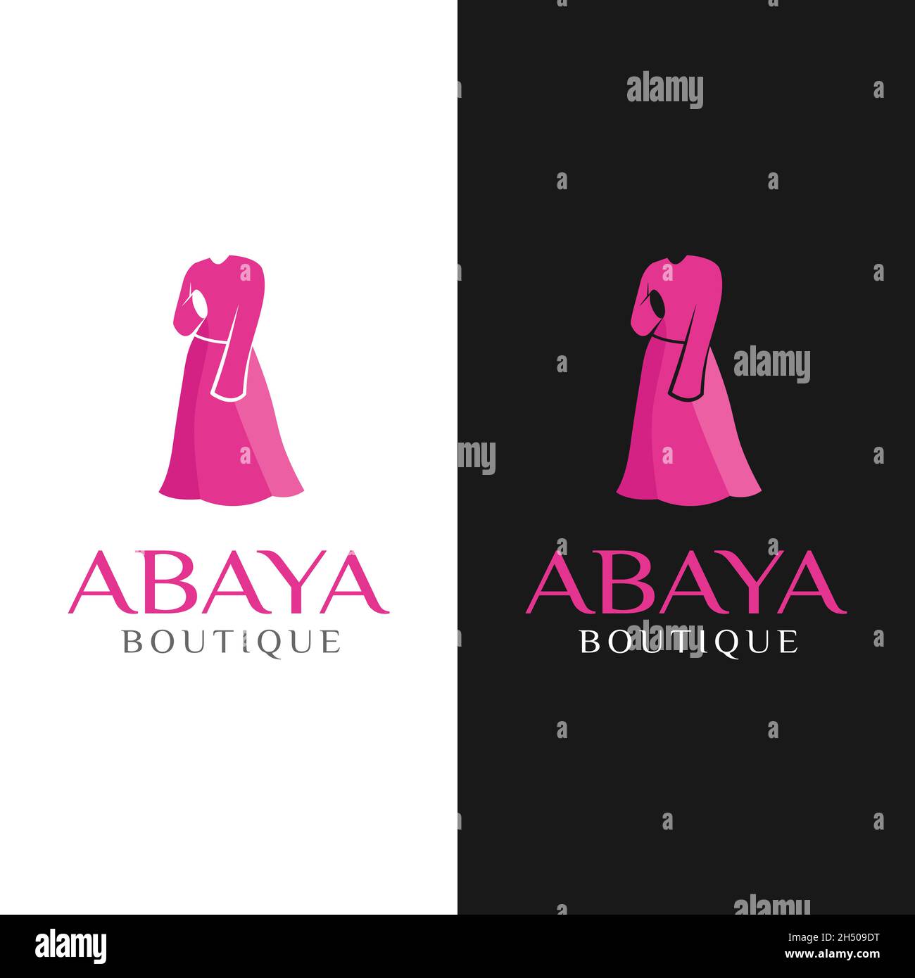 Abaya Long Dress Clothes for Muslim Woman Boutique Shop Business Brand Company in Modern Flat Style Logo Design Template. Stock Vector