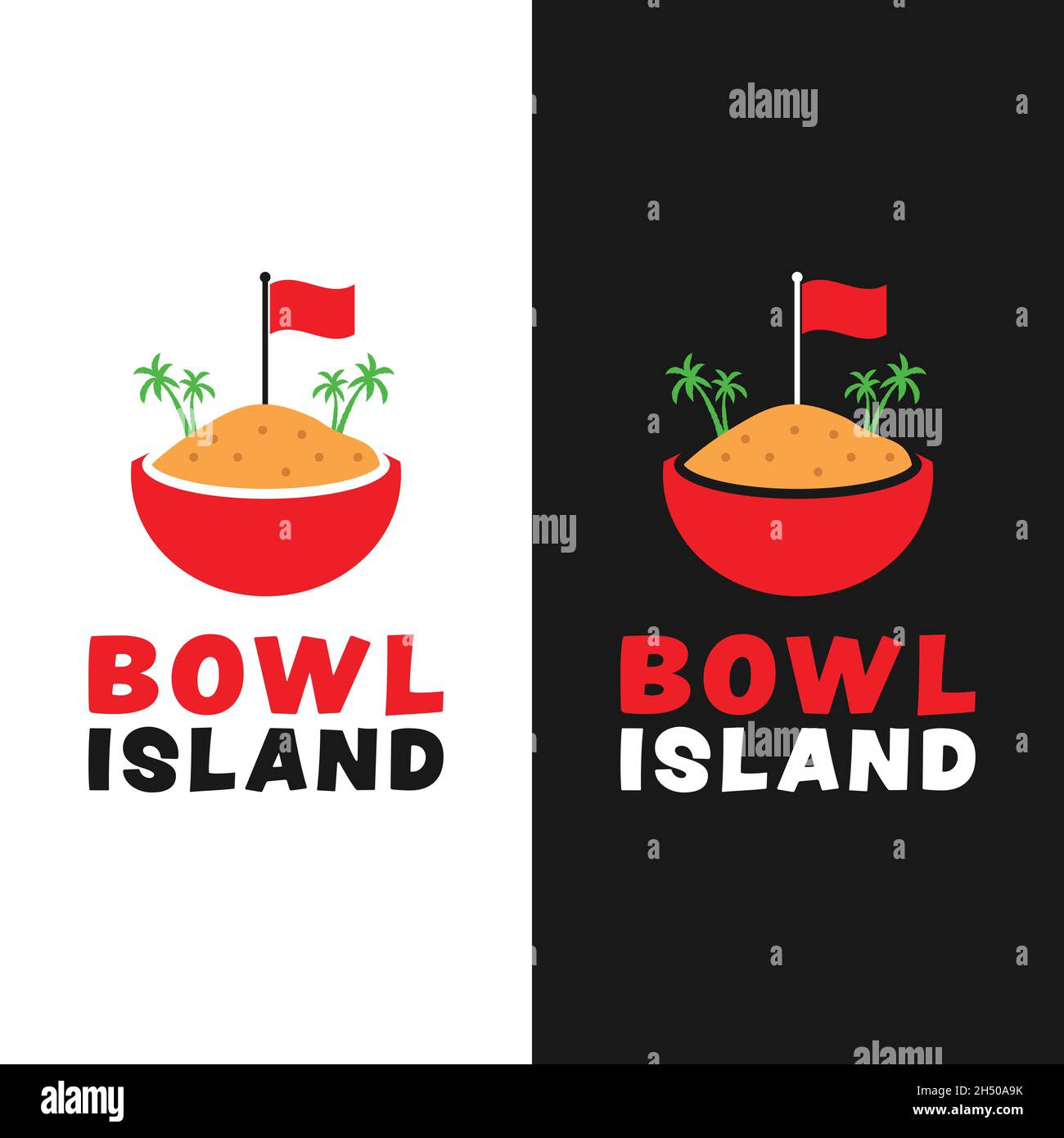 Island Illustration in a Bowl Logo Design Template. Bowl with Fried Rice or Beach Sand with Red Flag and Palm Tree. Suitable for Restaurant Cafe Etc. Stock Vector