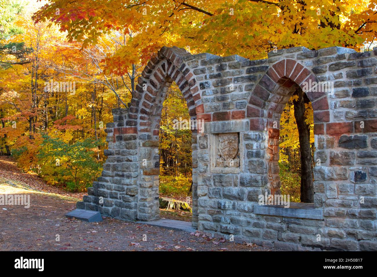 Walls of abbey ruins in autumn with yellow and orange leaves. Mackenzie King Estate, Gatineau Park, Quebec, Canada. Stock Photo