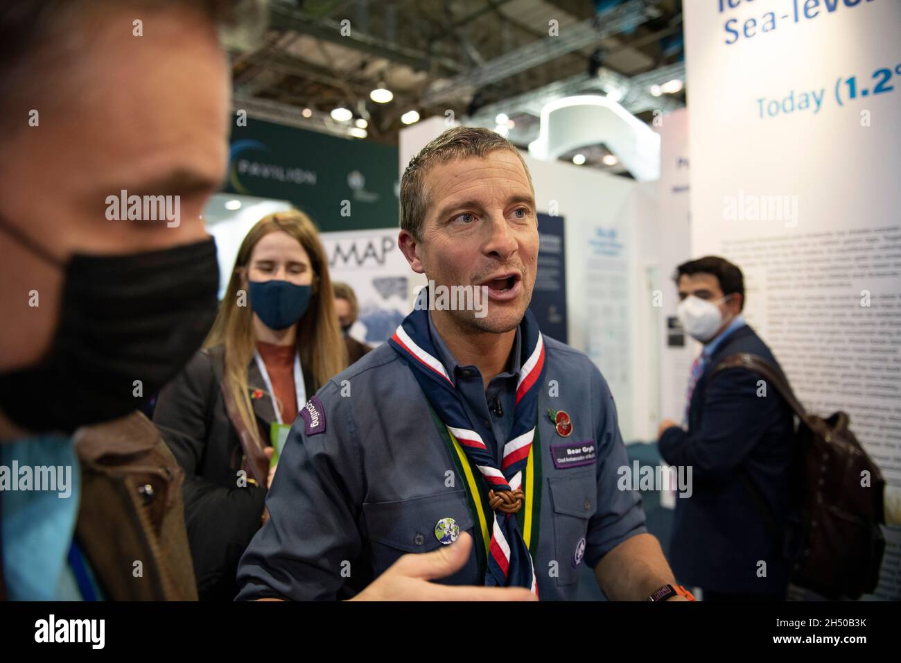 Glasgow, Scotland, UK. 5th Nov, 2021. PICTURED: Bear Grylls OBE, British adventurer and the UK's head Scout, seen at United Kingdom Pavillion at COP26 Climate Change Conference giving a speech. Edward Michael "Bear" Grylls OBE is a British adventurer, writer, television presenter and businessman. Grylls first drew attention after embarking on a number of adventures, and then became widely known for his television series Man vs. Wild. Credit: Colin Fisher/Alamy Live News Stock Photo