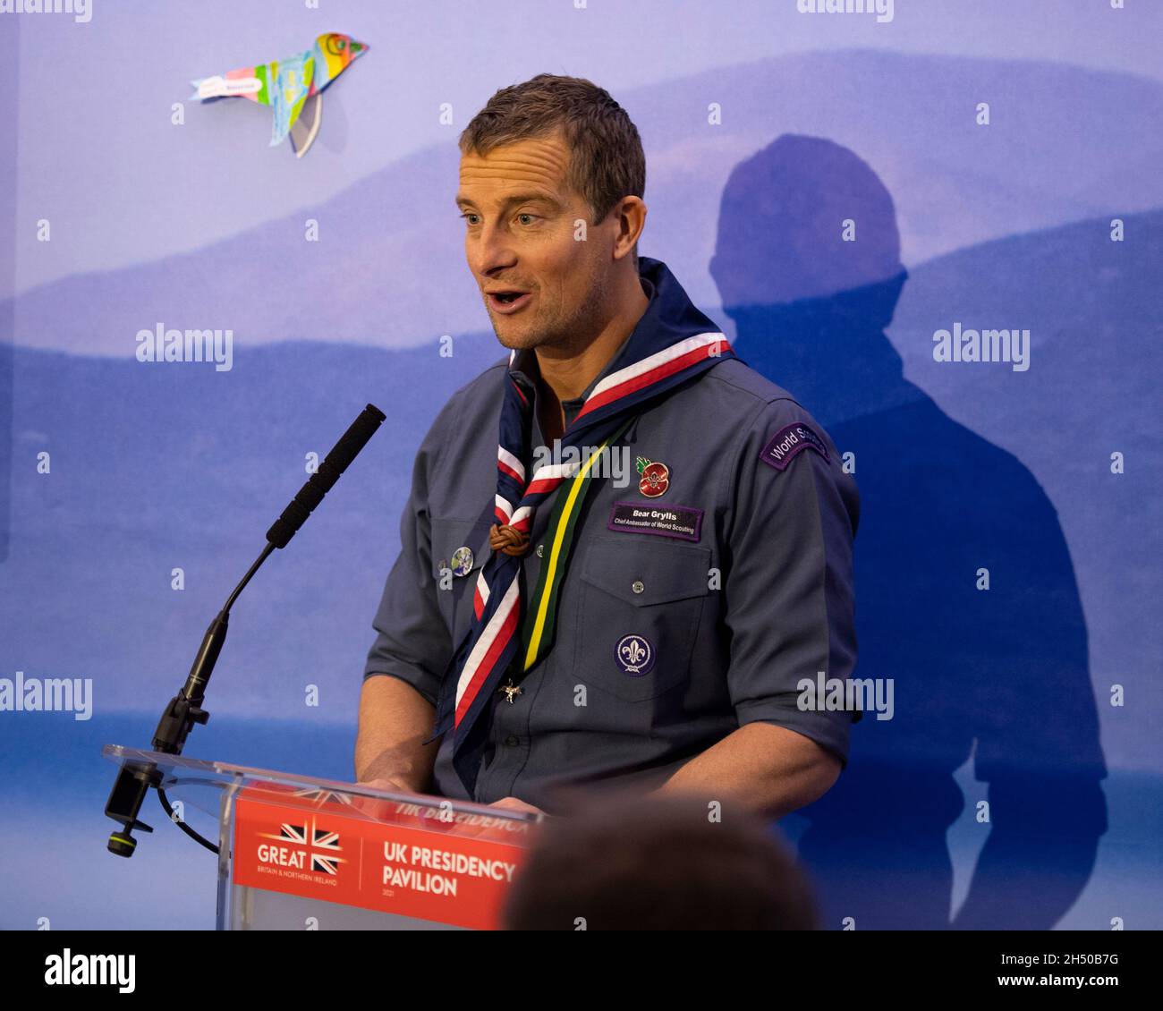 Glasgow, Scotland, UK. 5th Nov, 2021. PICTURED: Bear Grylls OBE, British adventurer and the UK's head Scout, seen at United Kingdom Pavillion at COP26 Climate Change Conference giving a speech. Edward Michael 'Bear' Grylls OBE is a British adventurer, writer, television presenter and businessman. Grylls first drew attention after embarking on a number of adventures, and then became widely known for his television series Man vs. Wild. Credit: Colin Fisher/Alamy Live News Stock Photo