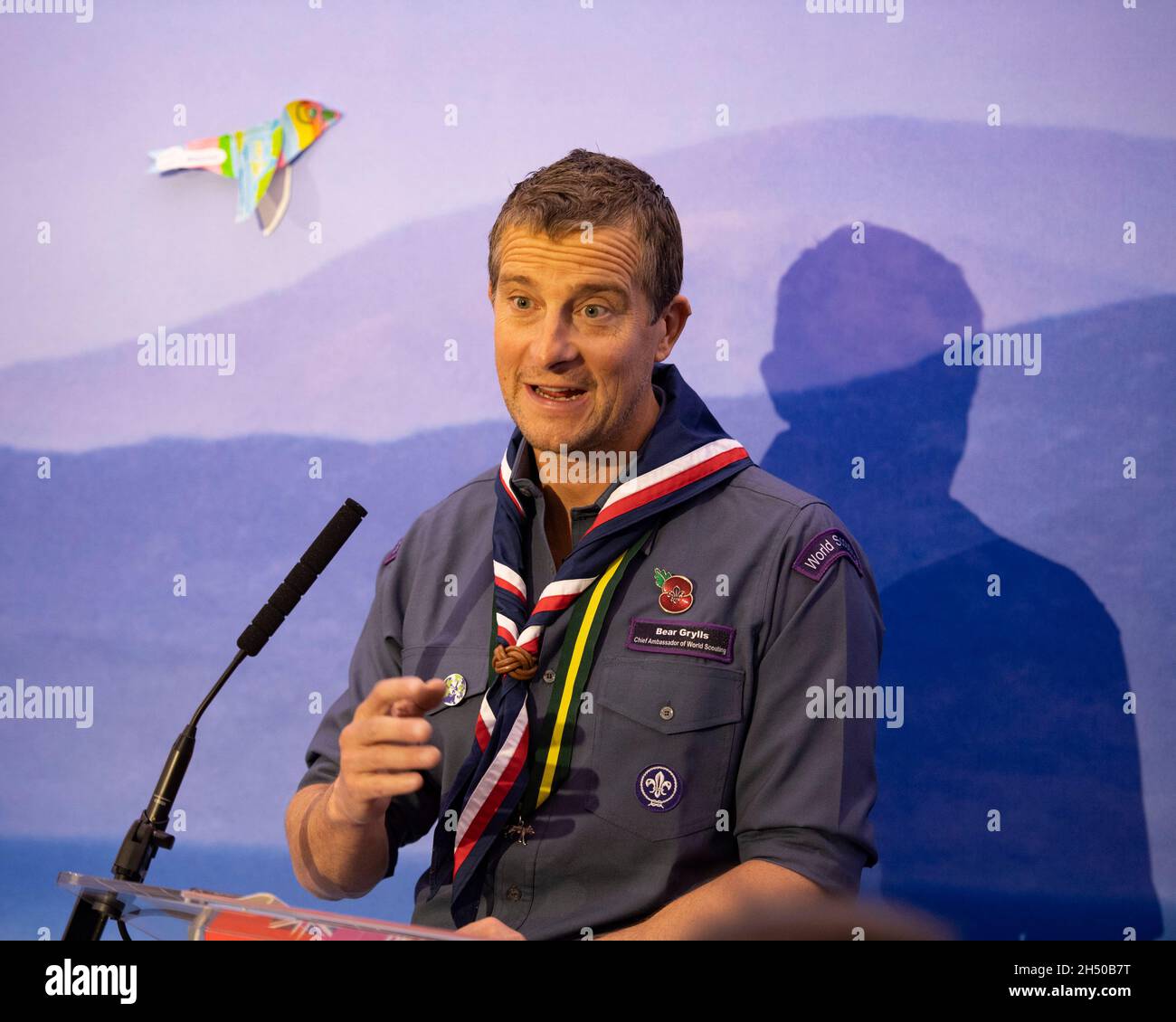Glasgow, Scotland, UK. 5th Nov, 2021. PICTURED: Bear Grylls OBE, British adventurer and the UK's head Scout, seen at United Kingdom Pavillion at COP26 Climate Change Conference giving a speech. Edward Michael 'Bear' Grylls OBE is a British adventurer, writer, television presenter and businessman. Grylls first drew attention after embarking on a number of adventures, and then became widely known for his television series Man vs. Wild. Credit: Colin Fisher/Alamy Live News Stock Photo
