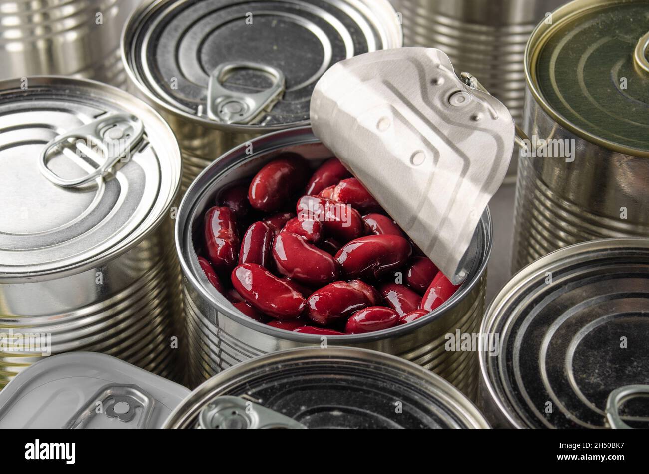 Canned red kidney beans in just opened tin can. Nonperishable food