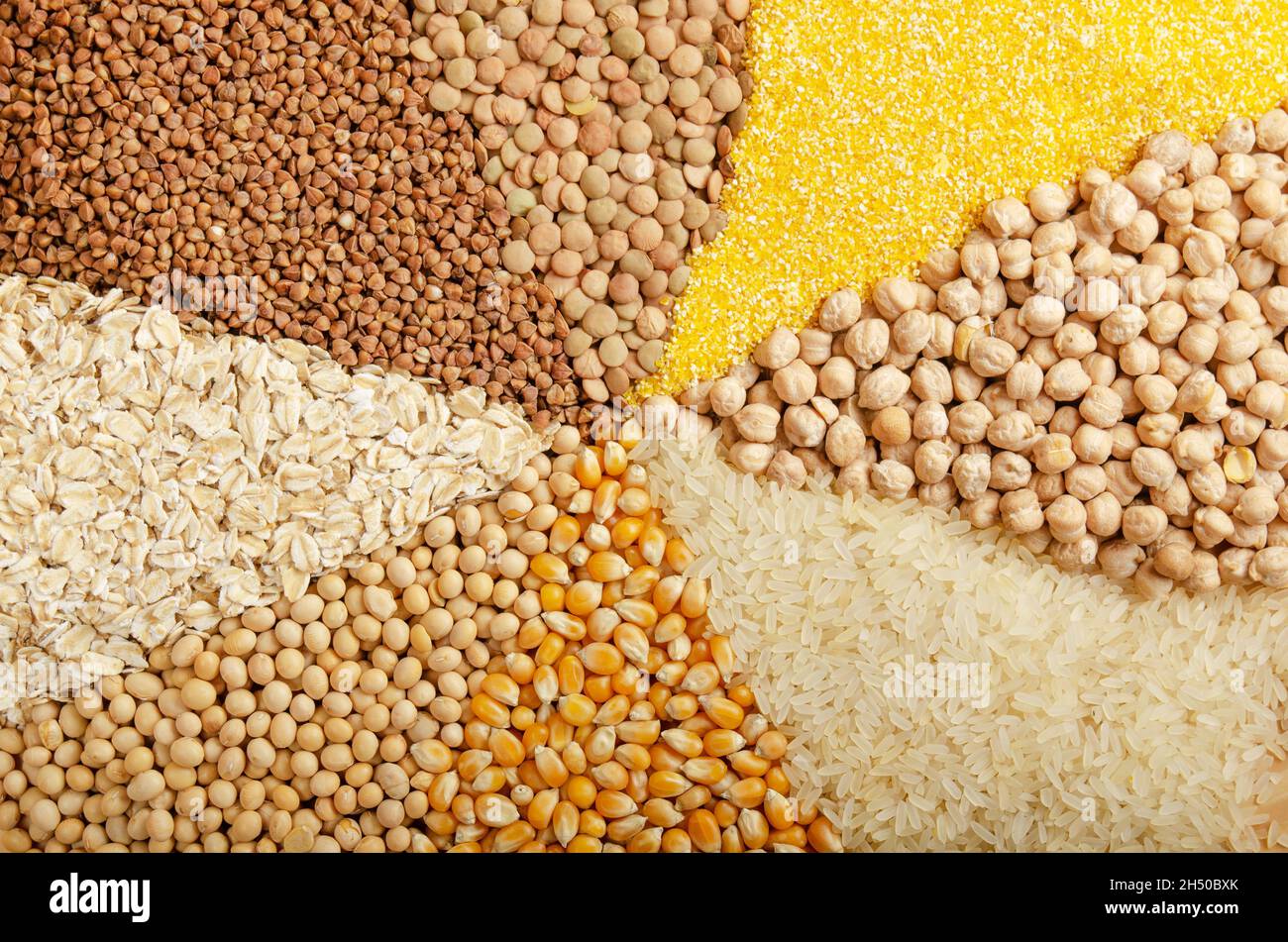 Food background made of legumes cereals and grains. Flat lay Stock Photo Alamy
