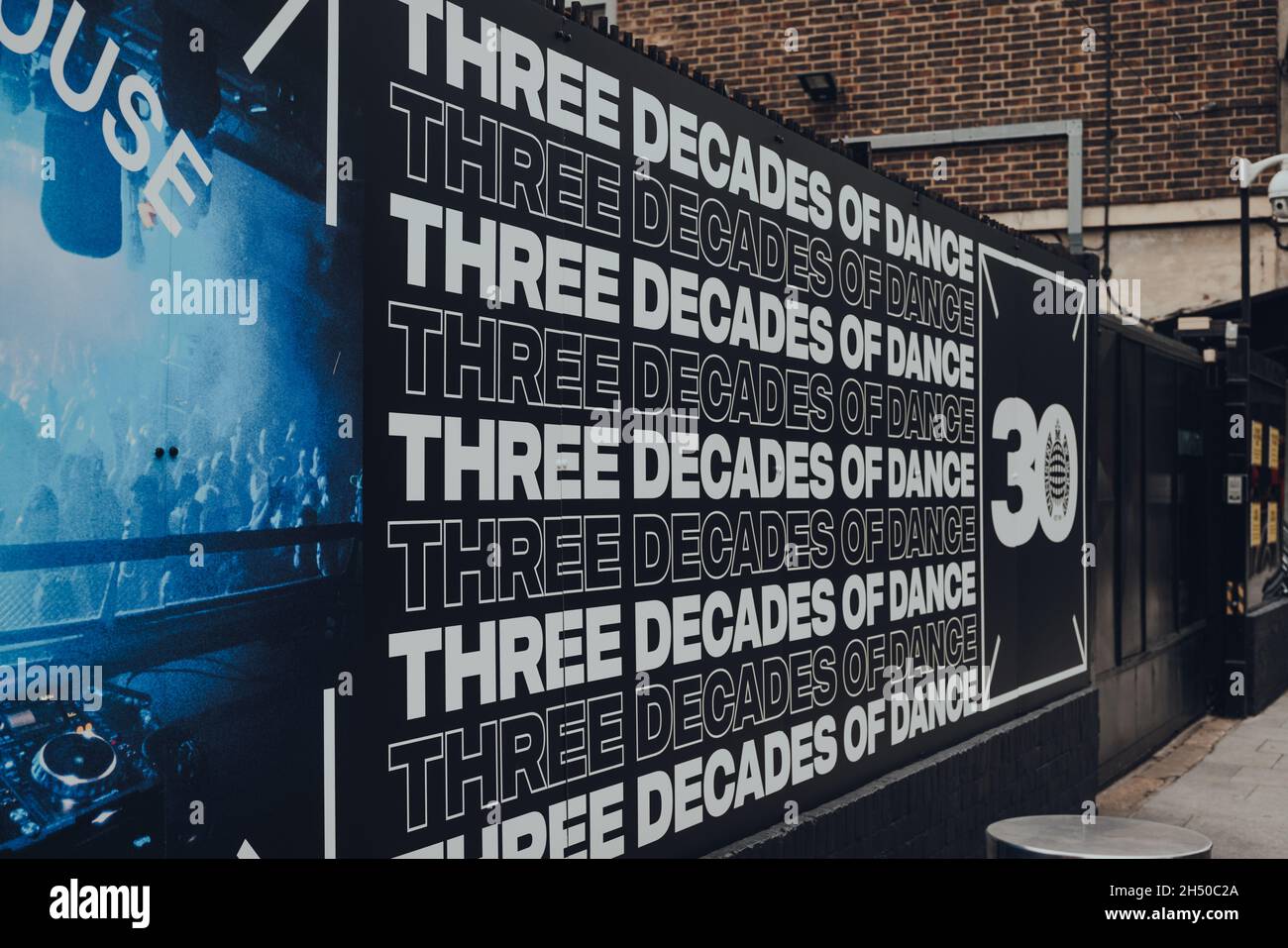 London, UK - October 17, 2021: Three decades of dance sign outside Ministry of Sound in Elephant and Castle, a flagship all-night club from trailblazi Stock Photo