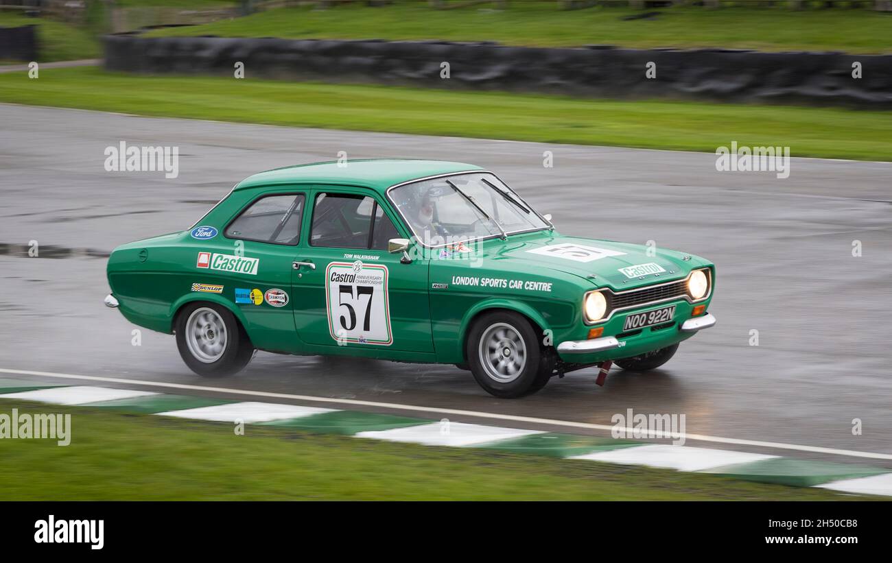 1974 Ford Escort Mk1 RS2000 with driver Alasdair Coates during the Gerry Marshall Trophy heats at Goodwood 78th Members Meeting, Sussex, UK. Stock Photo