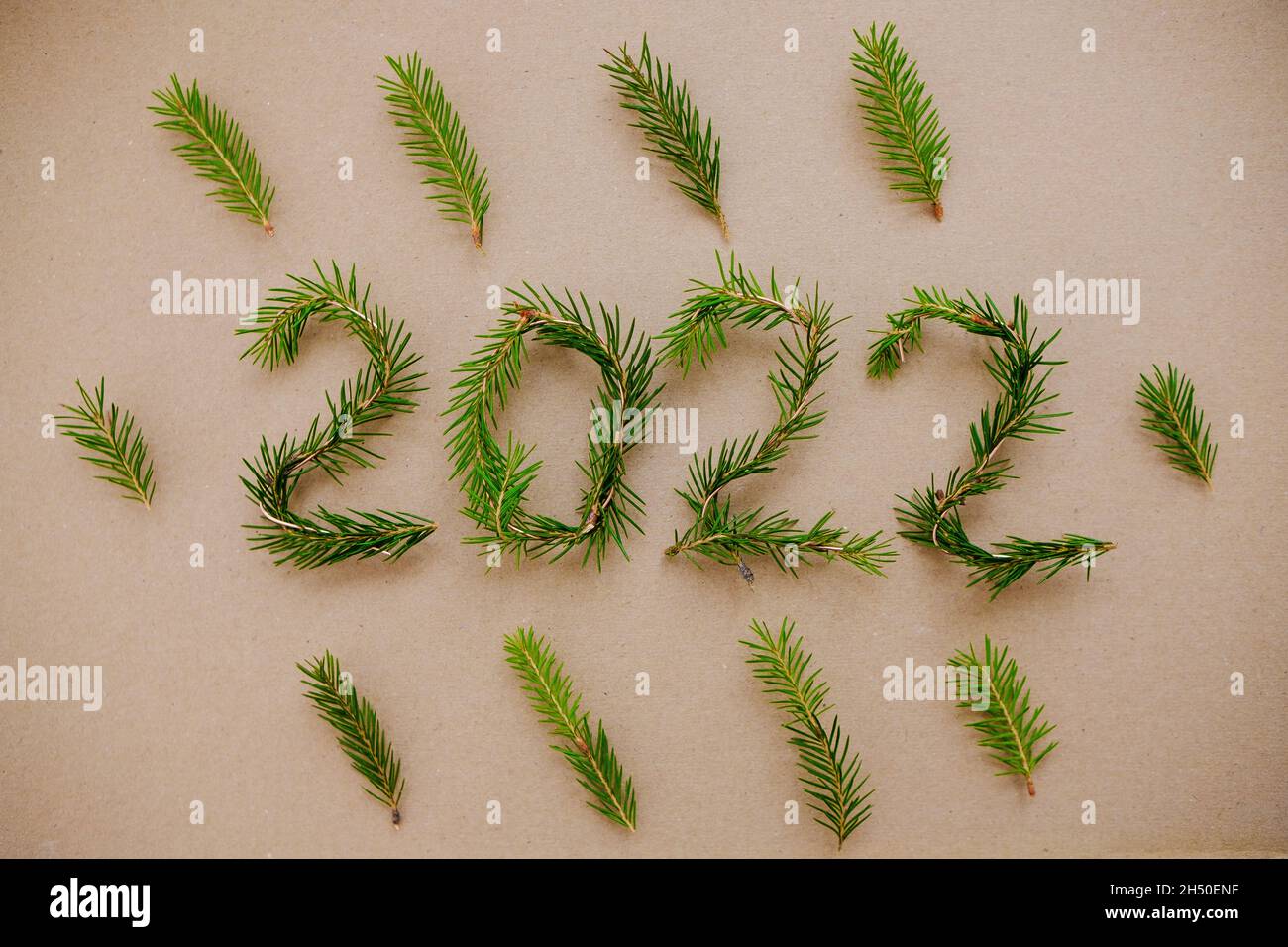 Lightbox with 2022 numbers handmade from Christmas tree branches. Stock Photo