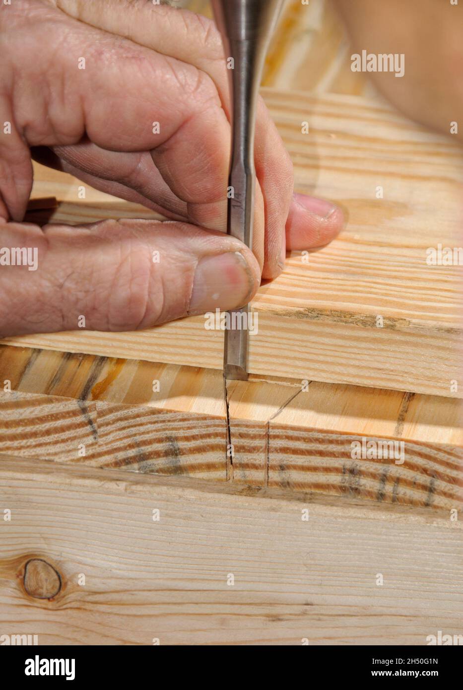 Craftsman cutting a dovetail joint with a chisel Stock Photo