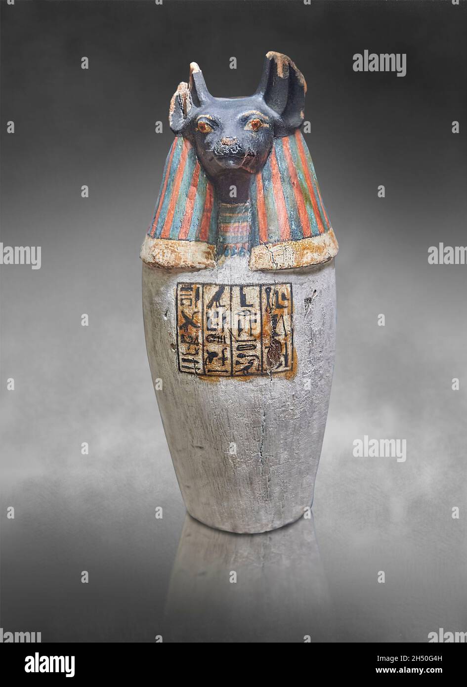 Ancient Egyptian canopic jar of Amon Padiouf depicting the jackel headed Duamutef, 1079-664 BC, wood, Louvre Museum. Inv N2952D. Dog's head of Douamou Stock Photo