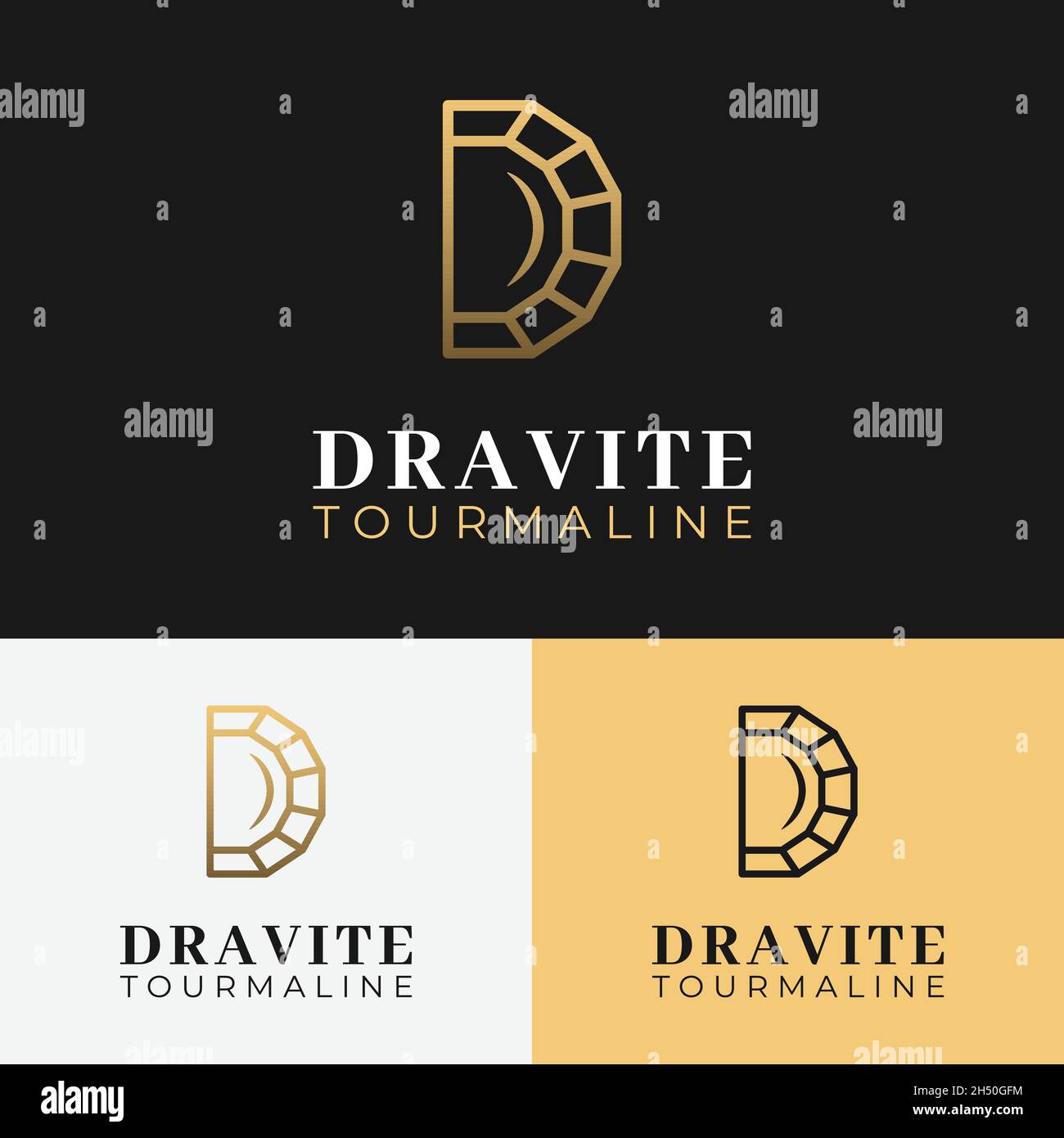 Letter Initial D Dravite Tourmaline Line Linear Logo Design Template. Letter D Gemstone for Crystal Diamond Ruby Topaz Jade Opal Sapphire Turquoise. Stock Vector
