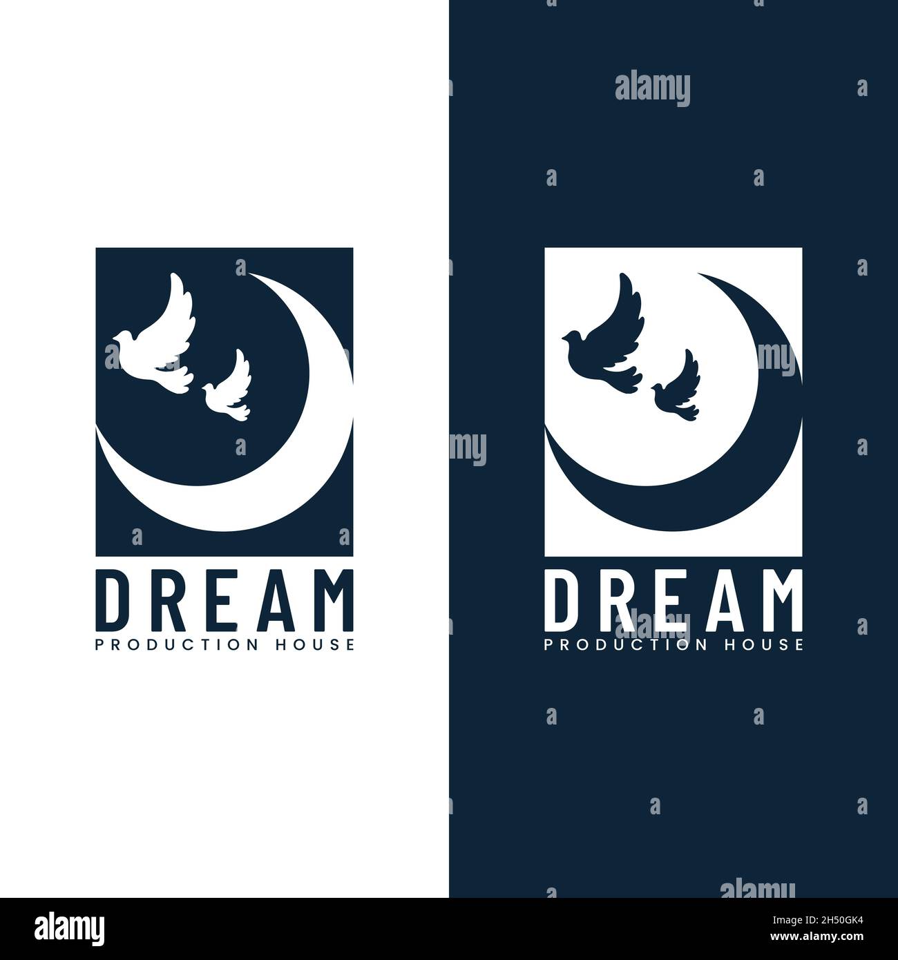 Crescent Moon with Flying Dove for Production House Logo Design Template. Suitable for Movie Film Motion Video Production Cinematography Studio Cinema Stock Vector