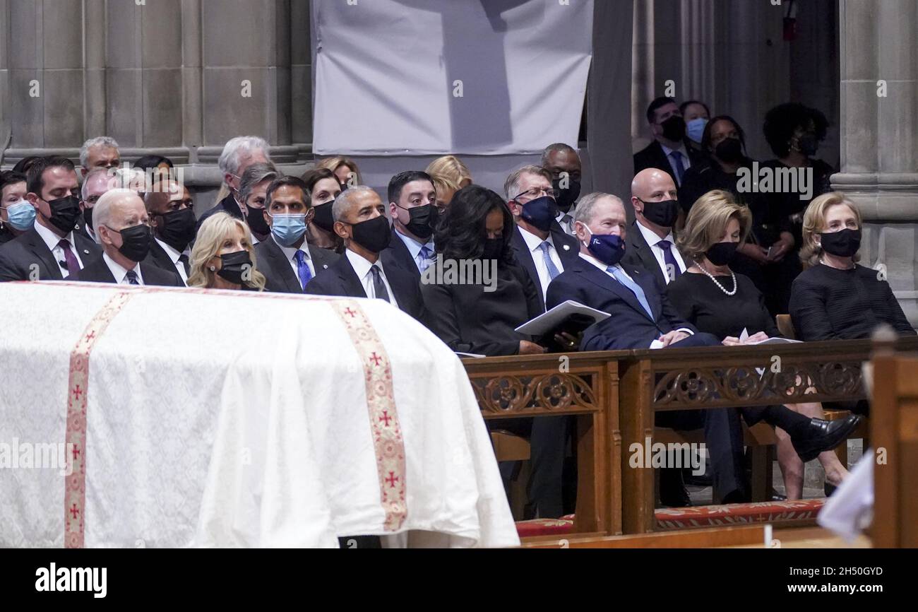 Washington DC, USA. 05th Nov, 2021. President Joe Biden, First Lady Jill Biden, former President Barack Obama, former First Lady Michelle Obama, former President George W. Bush, Former First Day Laura Bush, and former Secretary of State Hillary Clinton attend the funeral of Colin Powell at the National Cathedral in Washington, DC, November 5, 2021. Colin Powell died October 18, at the age of 84, of complications from COVID-19 after a battle with brain cancer. Photo Leigh Vogel/UPI Credit: UPI/Alamy Live News Stock Photo