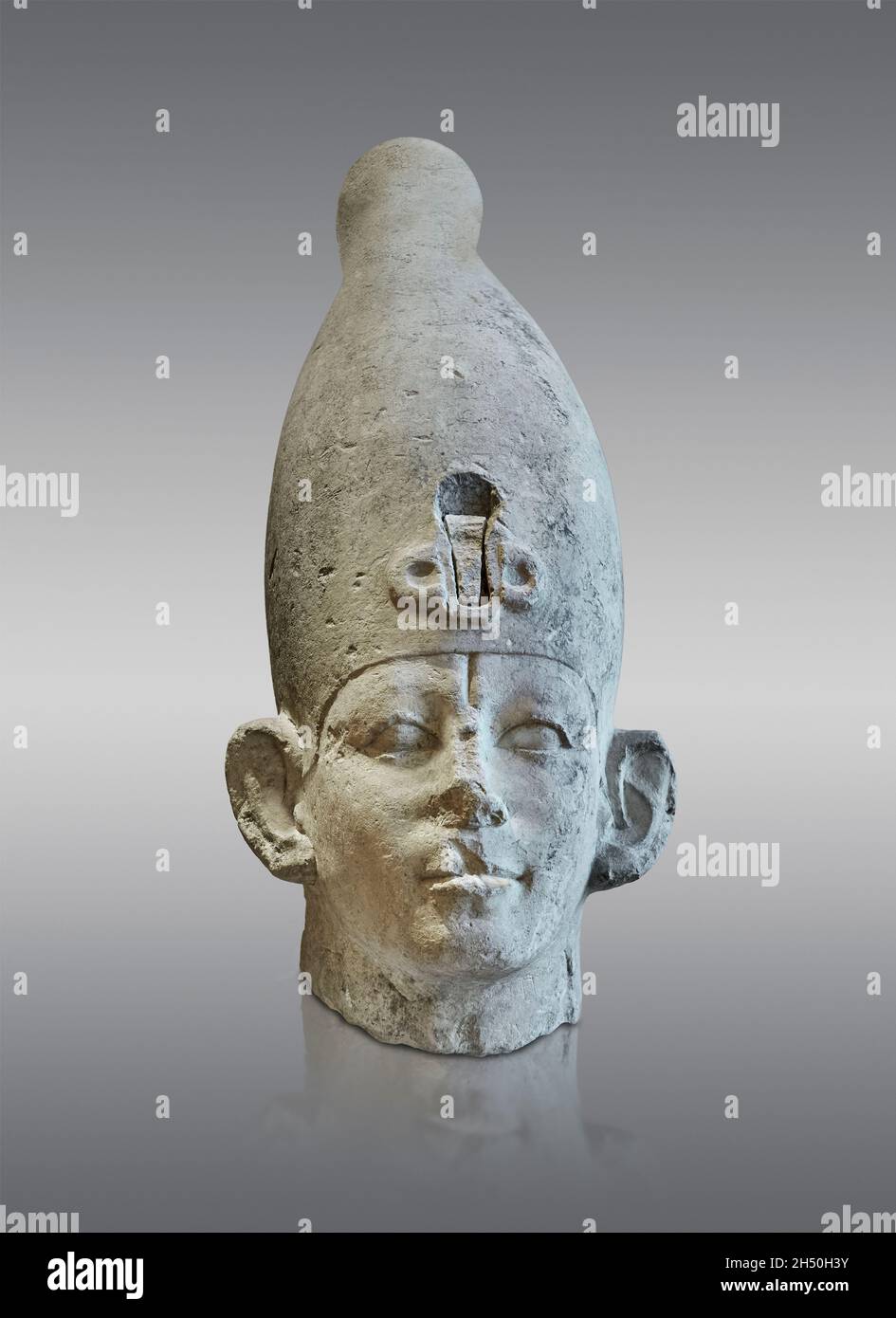 Egyptian statue sculpture of Pharaoh with white crown, 1862-1843 BC, 13th Dynasty. Louvre Museum E12924. King Sekhemre Khutawy Sobekhotep.    Found at Stock Photo