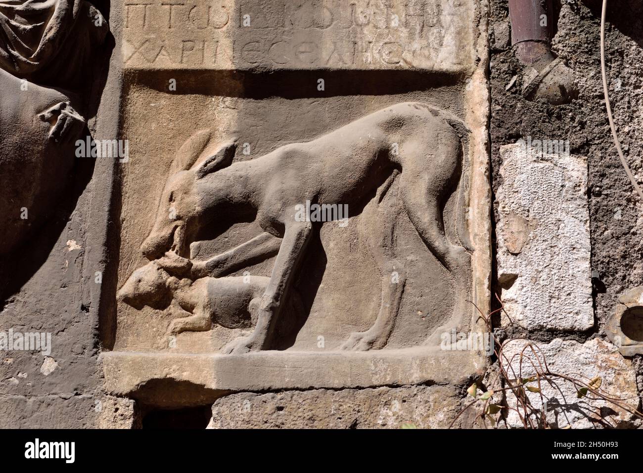 italy, rome, jewish ghetto, via del portico d'ottavia, casa di lorenzo manili, greek inscription and bas relief with deer and fawn Stock Photo