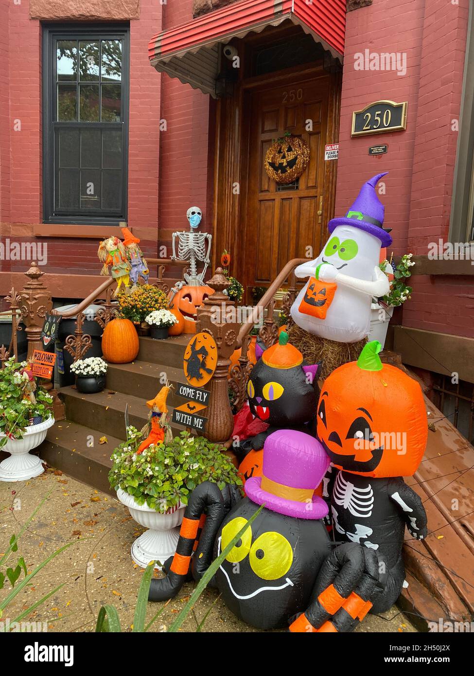 Halloween decorations in front of a townhouse in the Park Slope