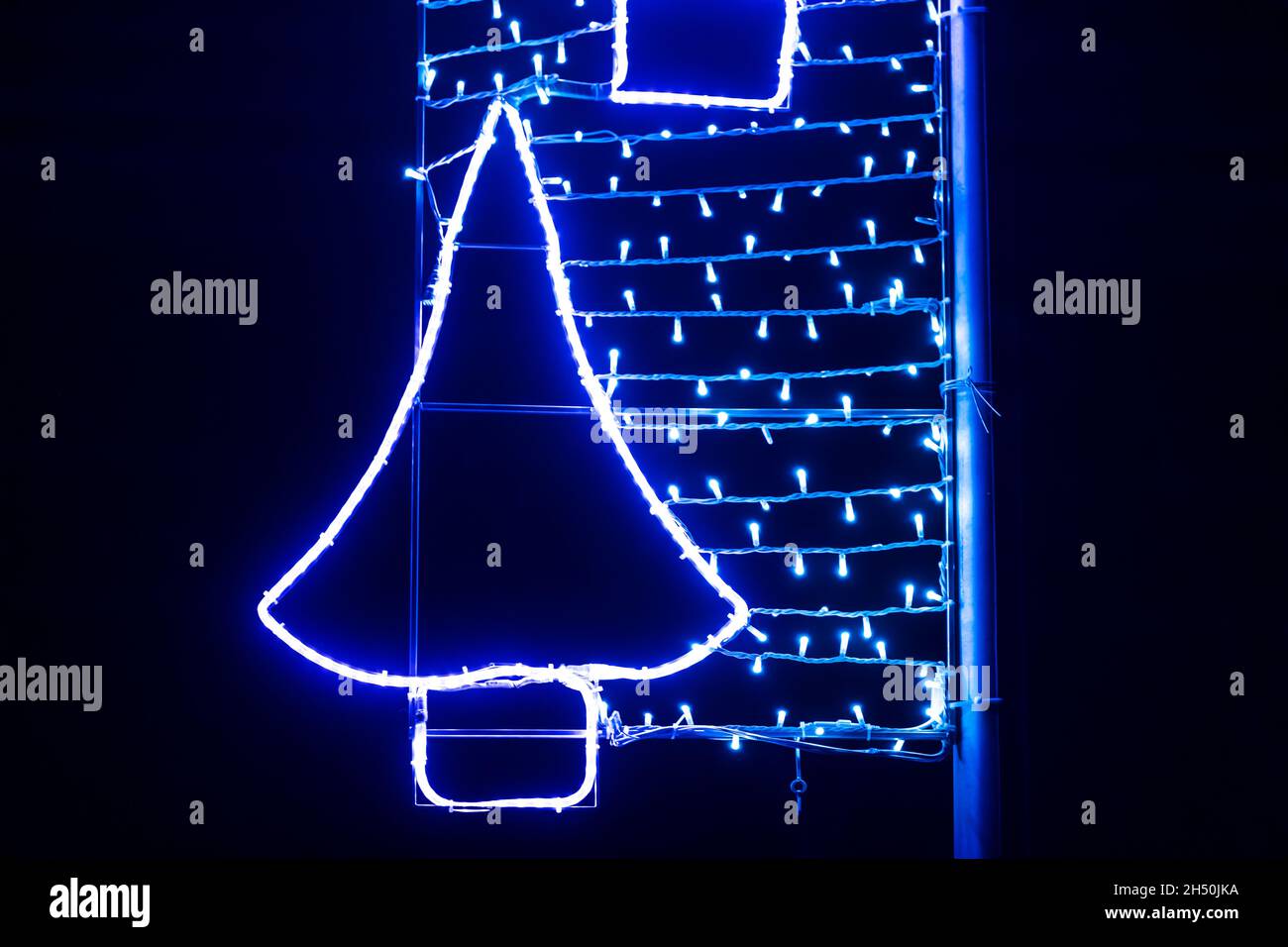 Blue led lights shaped like a Christmas tree and stars. Christmas and