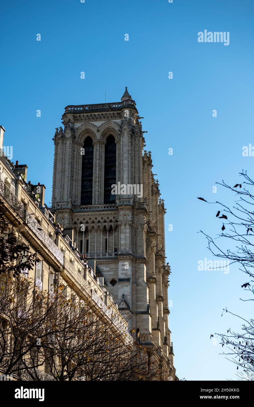Bell Tower of Notre Dame de Paris Cathedral, Paris, France Stock Photo