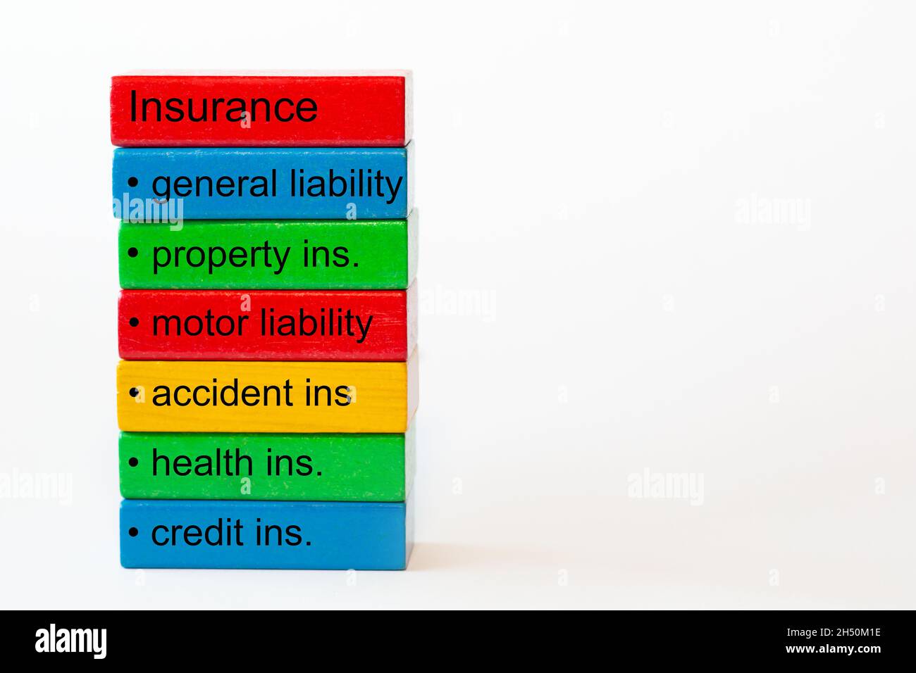 colorful blocks with the words: insurance, genaral liability, property insurance, motor liability,accident ins. , health ins. , credit ins.,  isolated Stock Photo