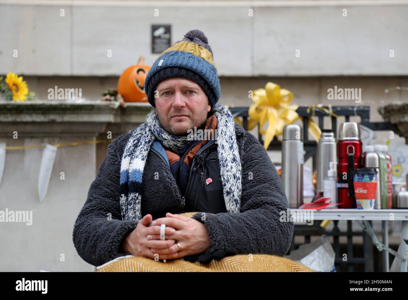 London, UK, 5 November 2021: Richard Ratcliffe on day 13 of his hunger strike outside the UK Foreign Office to demand action from the UK government to Stock Photo