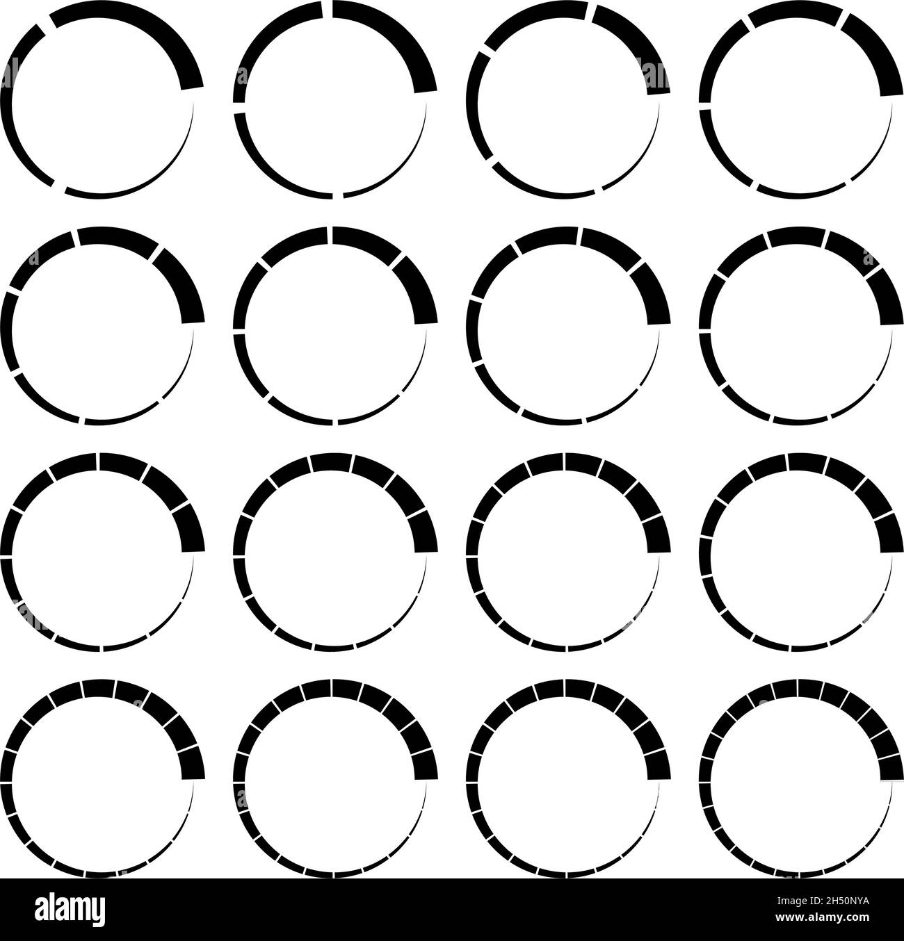 Segmented, divided circles with 3, 4, 5, 6, 7, 8, 9, 10, 12, 14, 15, 16, 18, 20, 22, 24 parts, sections. Pie chart, pie graph-like infographic element Stock Vector