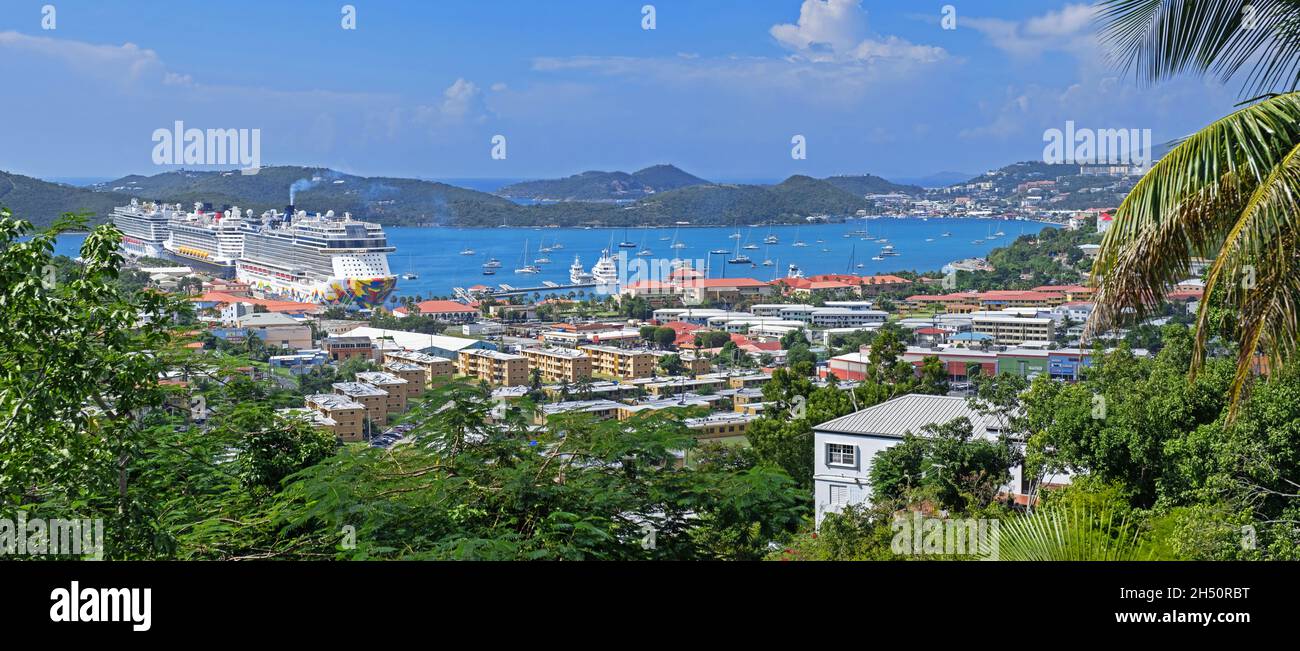 Cruise ships moored in the Charlotte Amalie harbour / port on the island Saint Thomas, United States Virgin Islands, Lesser Antilles, Caribbean Sea Stock Photo