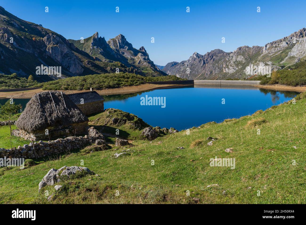View of the Lake of the Valley in the Somiedo natural park in Asturias.  Stock Photo