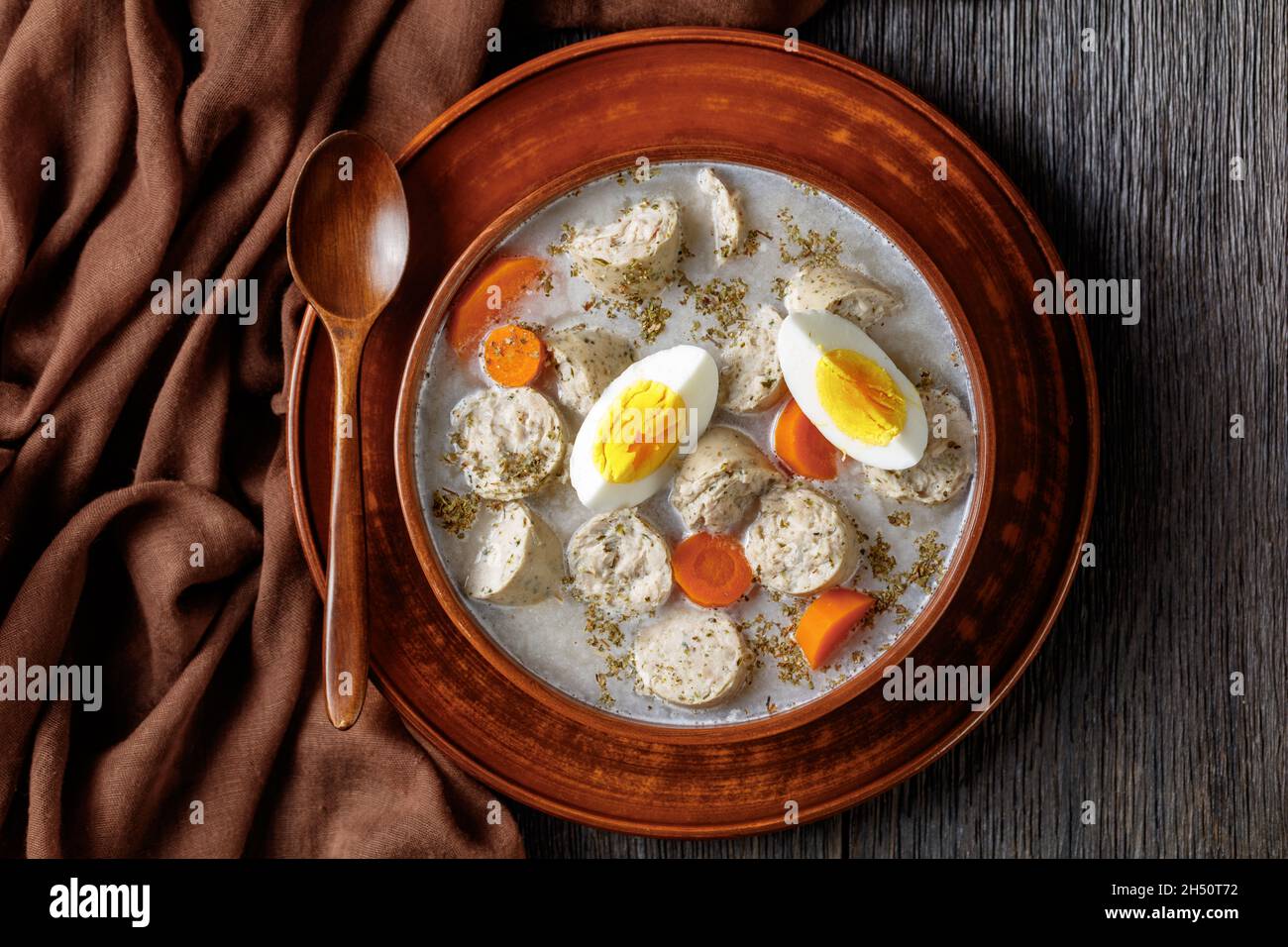 Zurek polish fermented rye soup with traditional polish white kielbasa