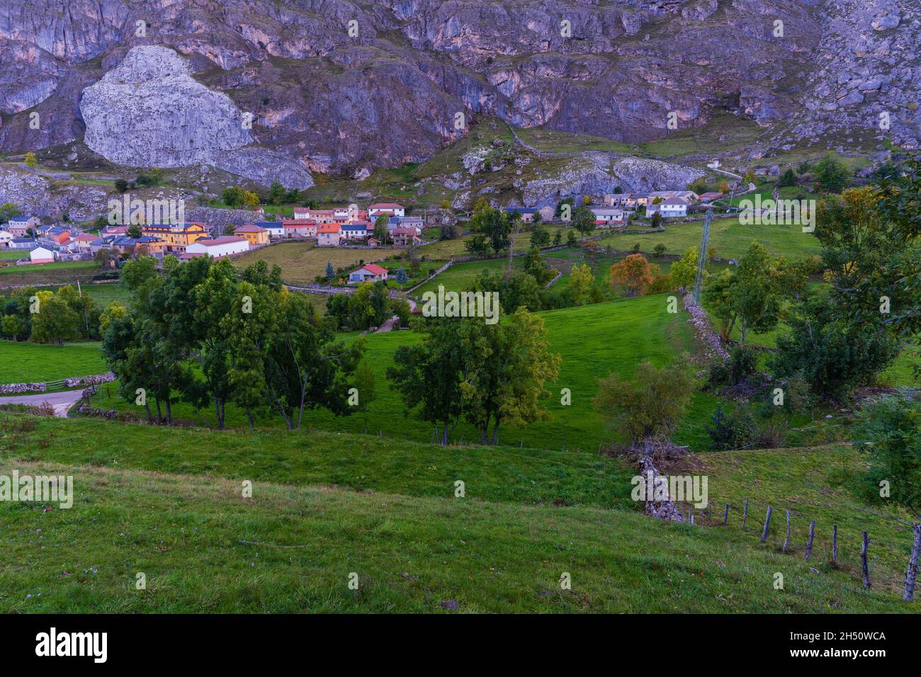 View of the town of Valle de Lago in the Somiedo natural park in Asturias.  Stock Photo