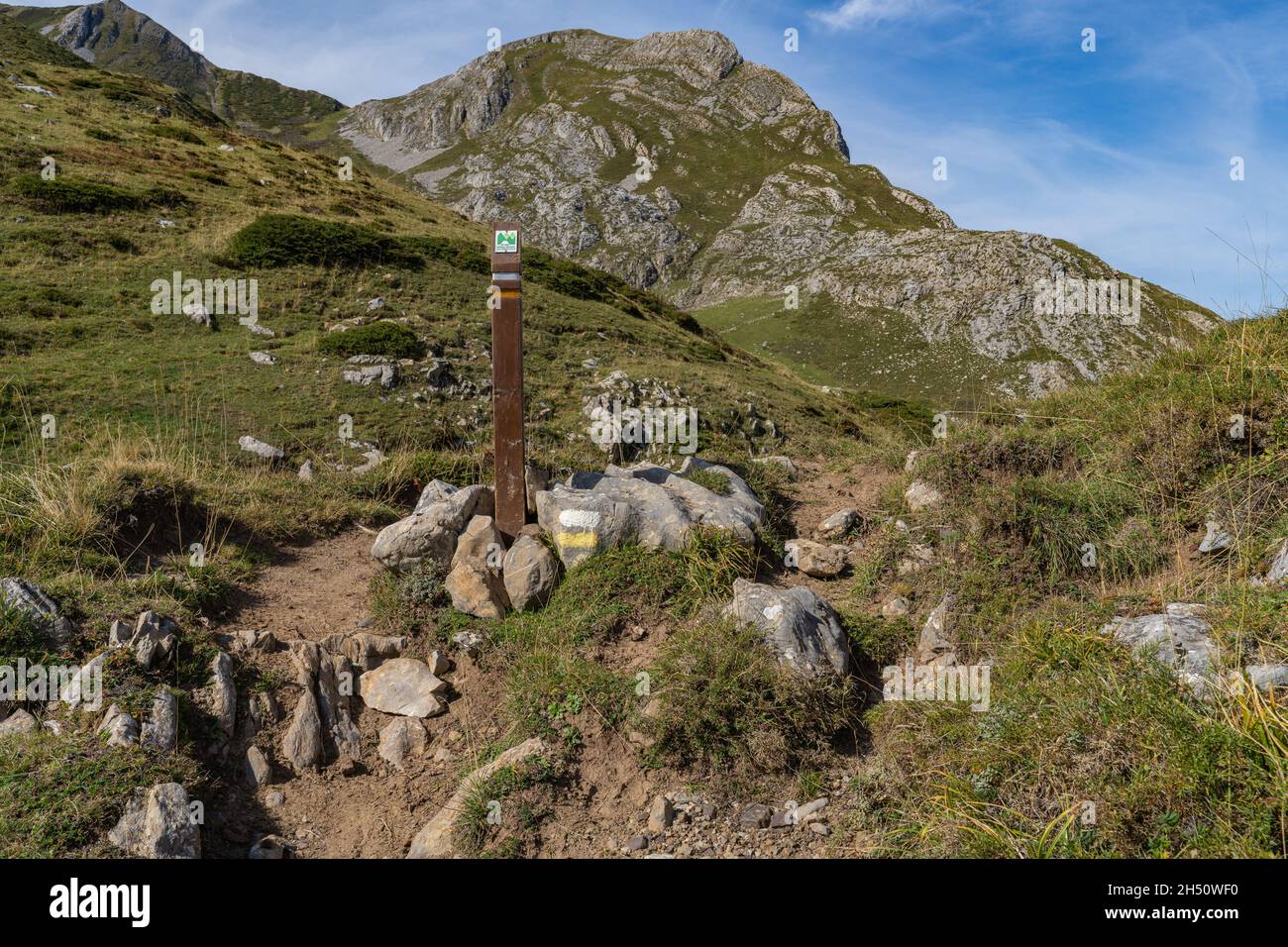 Indicator sign in the Somiedo Natural Park in Asturias, Spain  Stock Photo