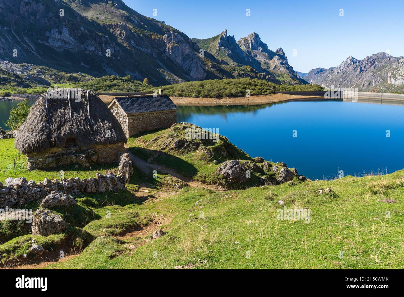 View of the Lake of the Valley in the Somiedo natural park in Asturias.  Stock Photo