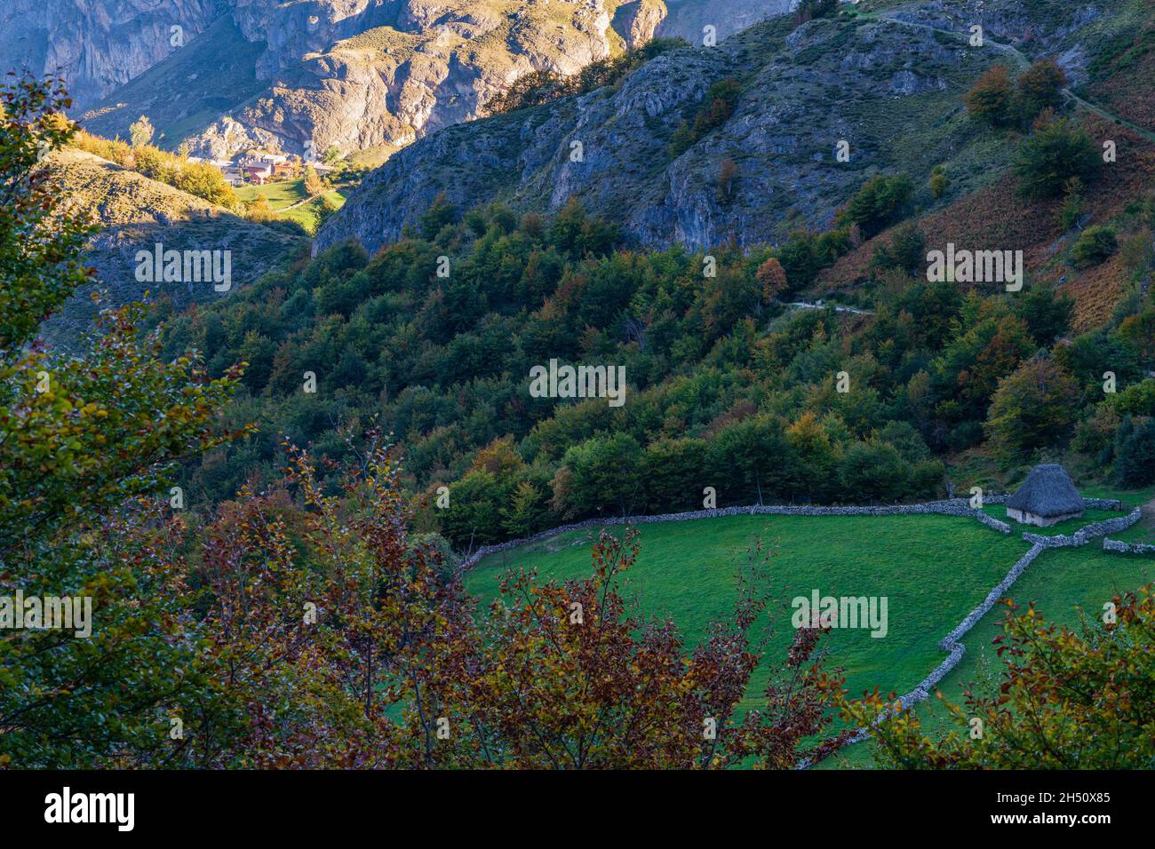 Autumn landscape in the Somiedo natural park in Asturias.  Stock Photo