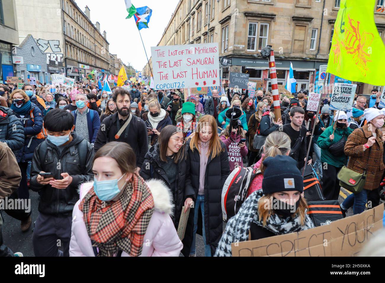 Glasgow, UK. 5th Nov, 2021. Thousands of pro climate activists demonstrated in Glasgow by parading several miles through the city centre. This demonstartion was organised by 'Friday for Future' and was one of the largest of a number of similar demonstrations taken part during the COP 26 conference that was being held in Glasgow during that week Credit: Findlay/Alamy Live News Stock Photo