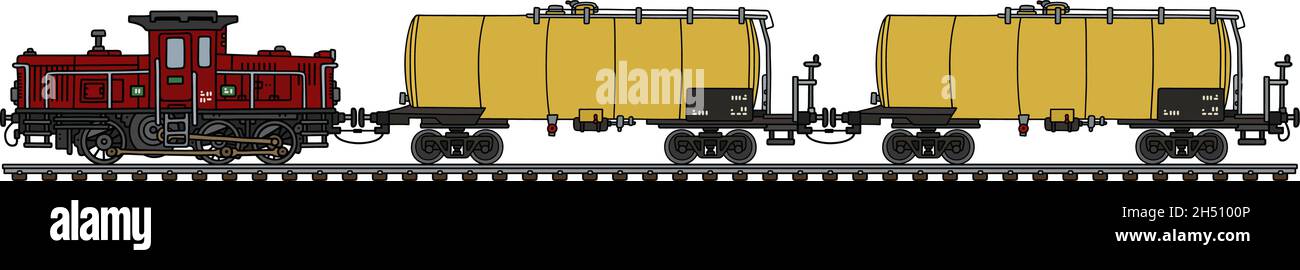 Hand drawing of an old dark red diesel shunting locomotive and two yellow tank wagons Stock Vector