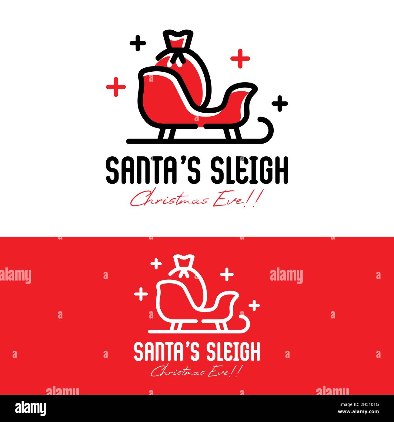 Santa's Sleigh and a Sack Logo Design Template. Sleigh with Line Style Icon and Red Color. Perfect for Christmas and New Year's Business logo Design. Stock Vector