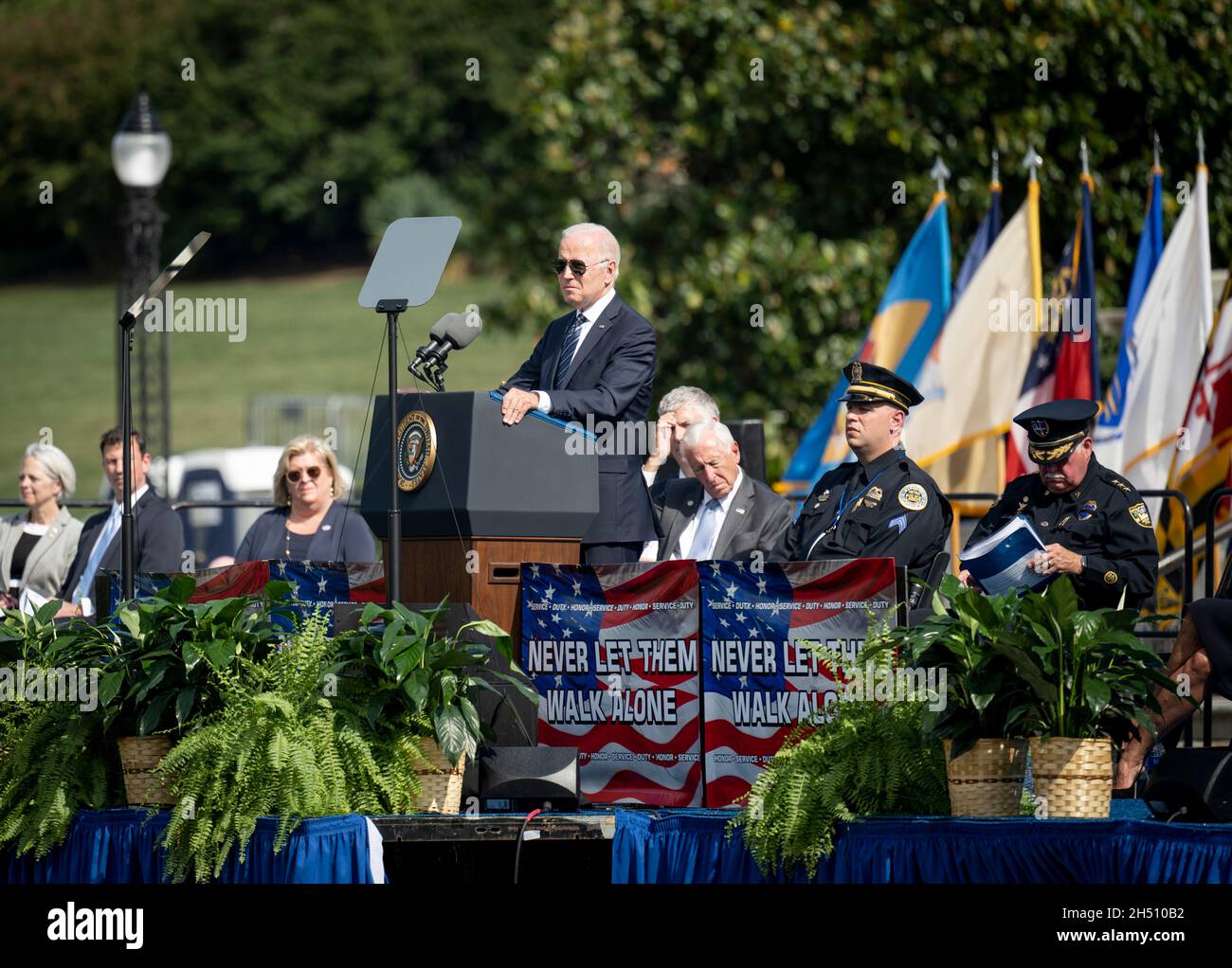 Washington, United States of America. 16 October, 2021. U.S President Joe Biden addresses a ceremony honoring fallen law enforcement officers at the 40th annual National Peace Officers Memorial Service at the U.S. Capitol October 16, 2021 in Washington, D.C. Credit: Benjamin Applebaum/Homeland Security/Alamy Live News Stock Photo