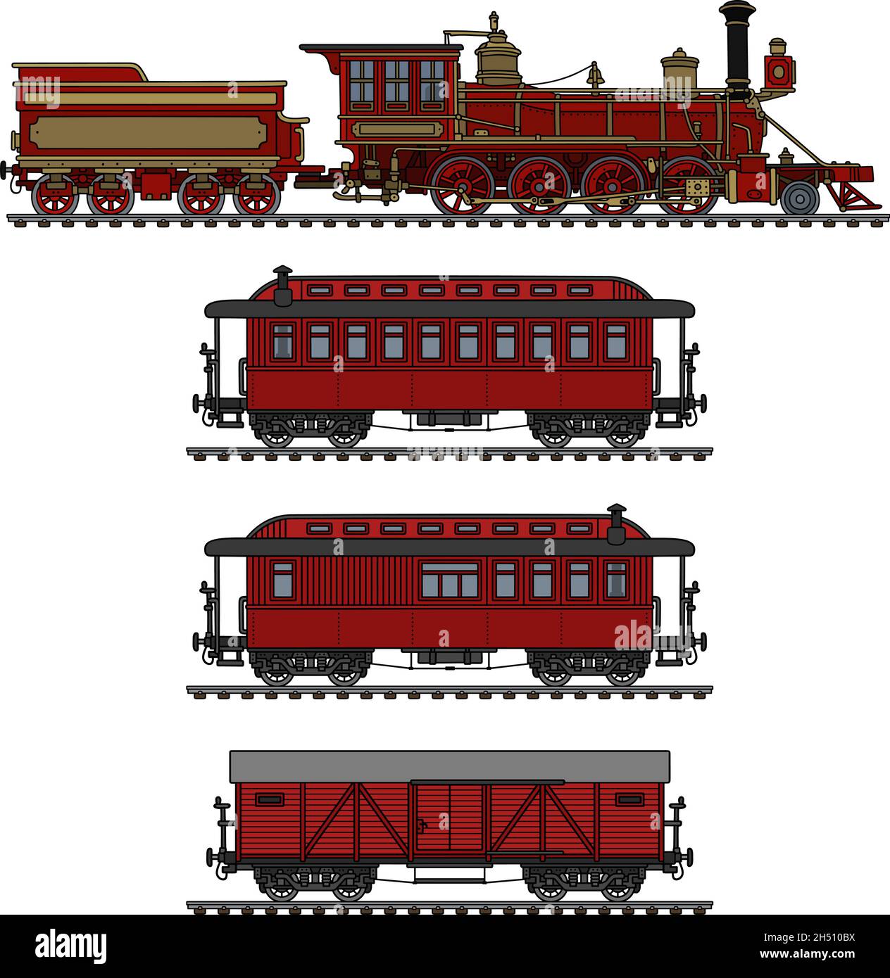 Hand drawing of a vintage red american wild west steam train Stock Vector