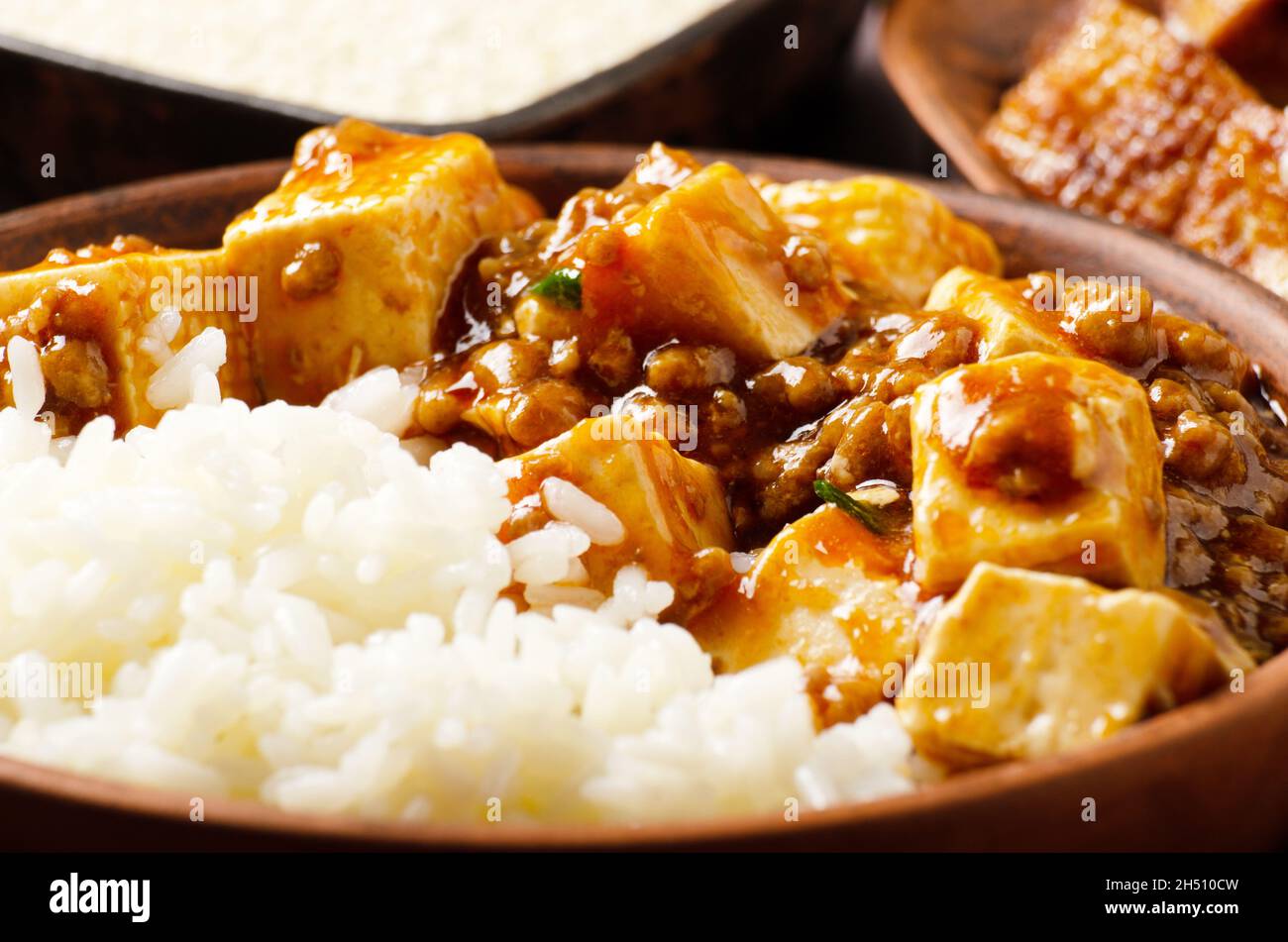 Authentic traditional Chinese food mapo tofu dish with pork and steamed