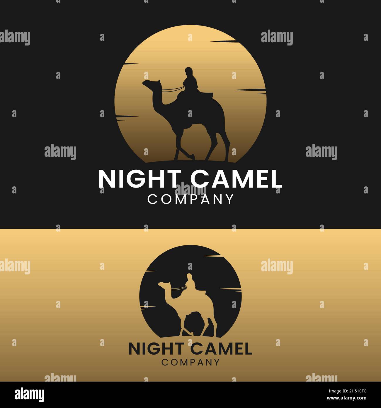 People Riding on Camel and Golden Moon Logo Design Template. Suitable for General Transportation Travel Tourism Company Studio Business Brand Logo. Stock Vector