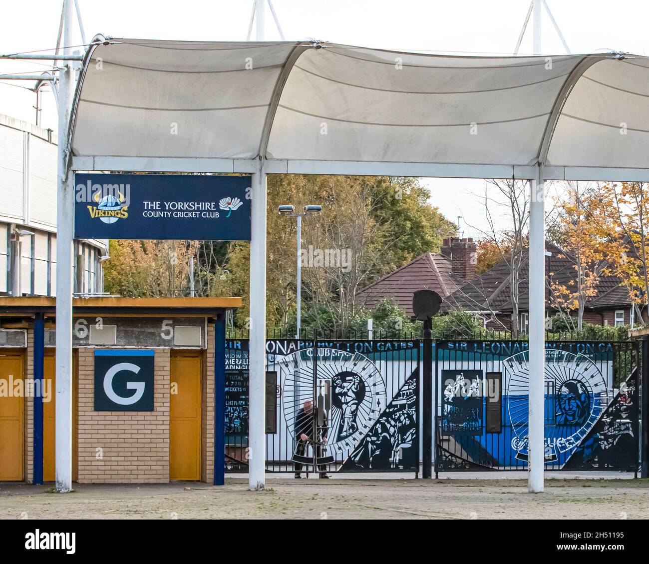 LEEDS, UK - 5 NOVEMBER 2021. Yorkshire Cricket Club sign above entrance to the Headingley Stadium in Leeds Stock Photo
