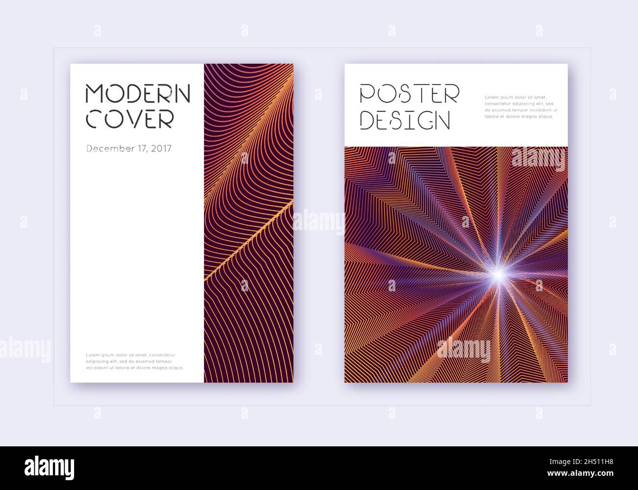 Minimal cover design template set. Orange abstract lines on wine red