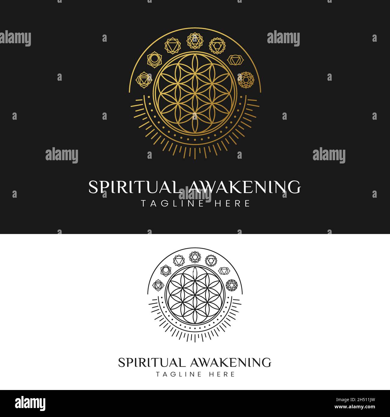 Spiritual Awakening with Flower of Life and 7 Chakra Symbols Logo Design Template. Suitable for Meditation Yoga Studios or Healthcare Medicine Etc. Stock Vector