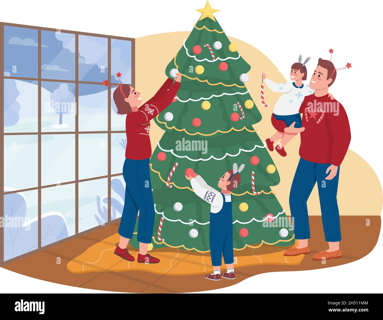 Decorating xmas tree together 2D vector isolated illustration Stock